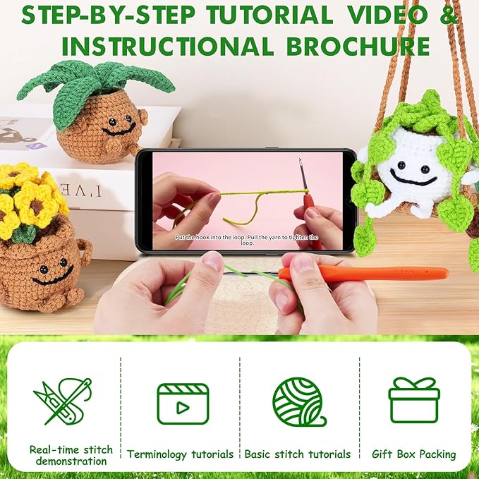 Crochet Kit for Beginners - 3 PCS Potted Plants Crochet Kit with Step-by-Step Video Tutorials, Beginner Crochet Kits for Adults Kids, Potted Plant with Swing Crocheting Set