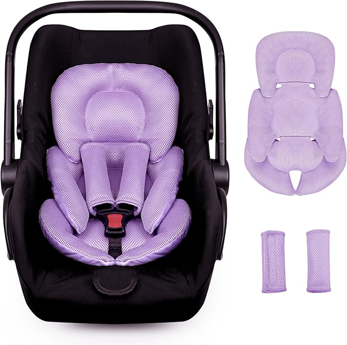 Infant Car Seat Insert for Newborn Girls Boys, Summer Mesh Baby Carseat Head Support with Strap Pads, Soft Reversible Baby Car Seat Insert Cushion Pad for Car Seat, Stroller, Bouncer, Swing, Purple
