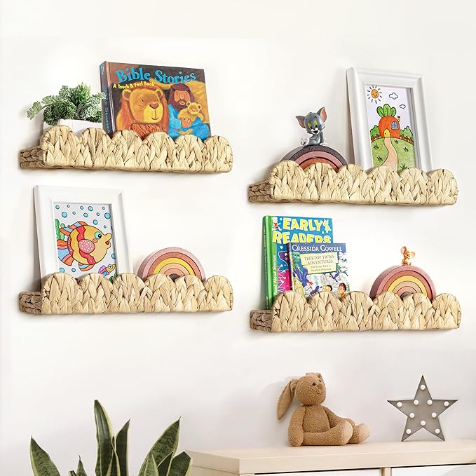 AELS Scalloped Nursery Bookshelf, Set of 4, Picture Ledge Shelf for Wall Decor, Woven Natural Water Hyacinth Floating Shelves for Books, Toys, Photo Frames, Nursery, Boho Modern Farmhouse Book Shelf