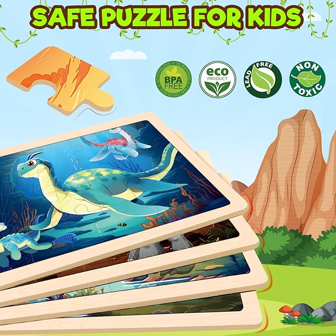 4 Packs Puzzles for Kids Ages 4-6, Wooden Dinosaur Puzzles for Toddlers Ages 2-4, Preschool Educational Dino Puzzles Boards Toys Gifts for 3 4 5 6 Boys Girls