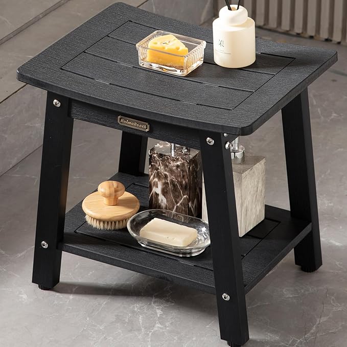 HDPS Shower Stool Waterproof, Bench Seat for Shaving Legs, Plastic Chair for Inside Shower, Foot Rest With Adjustable Feet, Non-Slip/No Maintenance, Black