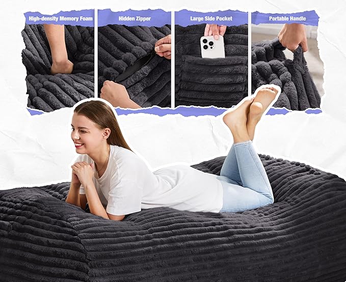 Hobestluk 5FT Bean Bag Chairs Adult Bean Bag with Portable Handle Comfy Large Bean Bag Lounge Chair with Removable Cover for Living Room Bedroom (Stripe Dark Grey, 5FT)