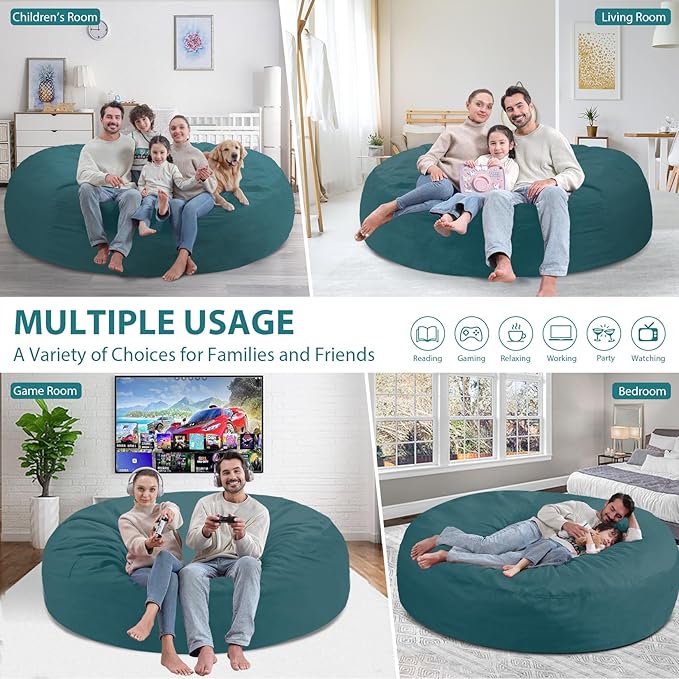 7FT Bean Bag Chair, Large Bean Bag Chairs with Memory Foam Filled, Fluffy Beanbag Sofa with Dutch Velvet Cover, Round BeanBag Chairs for Living Room, Playroom - Sea Blue