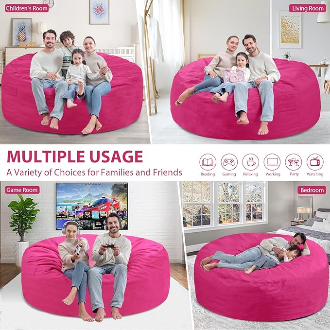 6FT Bean Bag Chair, Large Bean Bag Chairs with Memory Foam Filled, Fluffy Beanbag Sofa with Dutch Velvet Cover, Round BeanBag Chairs for Living Room, Playroom - Pink