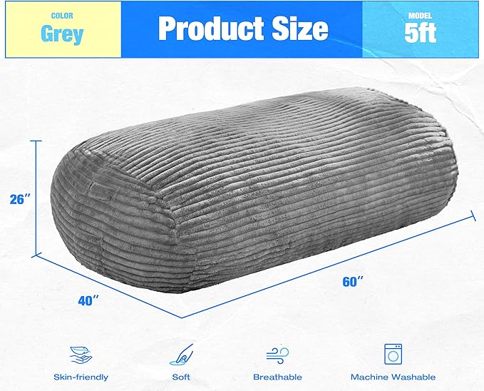 Hobestluk 5FT Bean Bag Chairs Adult Bean Bag with Portable Handle Comfy Large Bean Bag Lounge Chair with Removable Cover for Living Room Bedroom (Stripe Grey, 5FT)