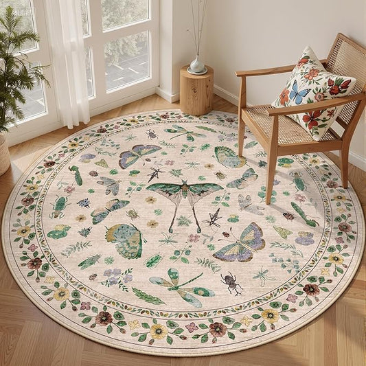 4ft Washable Round Rug - Bug Rugs for Living Room Non-Slip Low Pile Soft Ultra-Thin Machine Washable Circle Carpet for Bedroom, Entryway, Nursery, Kitchen, Home Office (4' Round Beige)
