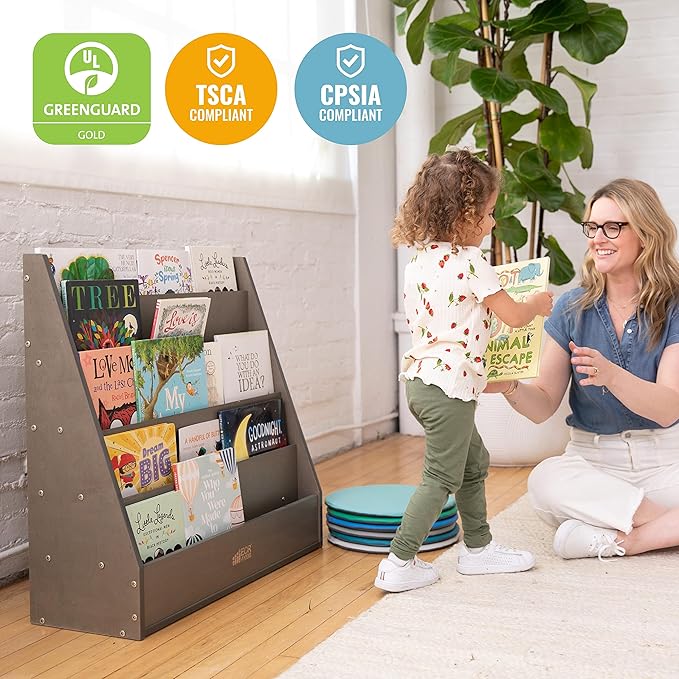 ECR4Kids Streamline Single-Sided Book Display with Storage, Classroom Bookshelf, Grey Wash