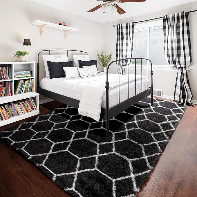 ONASAR 8x10 Area Rugs for Living Room, Fluffy Black and White Bedroom Rug, Washable Geometric Boho Large Soft Plush Shaggy Fuzzy Floor Carpet for Nursery Kids Classroom Playroom Dorm Home Decor