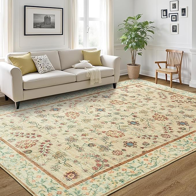 LOCHAS Washable Area Rugs 4x6, Beige Floral Rug for Living Room Bedroom Non Slip, Ultra Soft Vintage Indoor Carpet for Kids, Nursery, Dorm, Dining Room, Classroom, Boho Flower Home Decor, Low-Pile
