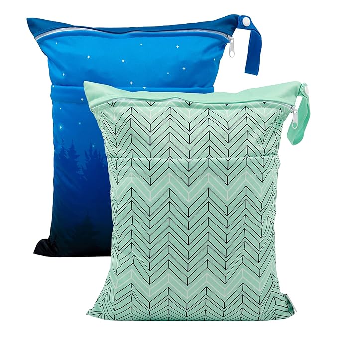 ALVABABY 2pcs Cloth Diaper Wet Dry Bags Waterproof Reusable with Two Zippered Pockets Travel Beach Pool Daycare Soiled Baby Items Yoga Gym Bag for Swimsuits or Wet Clothes LX-AMD0912