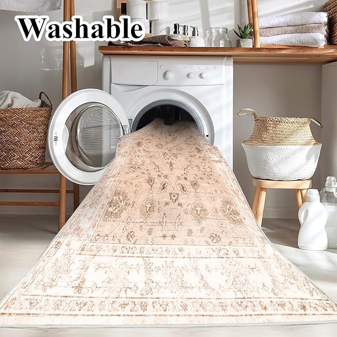 4x6 Vintage Washable Thin Area Rug Tangerine Traditional Floor Cover Foldable Indoor Distressed Non Slip Carpet Floral Print Mat Bedroom Living Room Bathroom