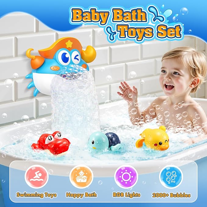 Baby Bath Toys,Light Up Crab Bubble Machine Blower with LED Lights,3 Cute Wind-Up Bath Toys for Kids Ages 1-3 4-8 Toddler Bathub Toy Great Birthday Gifts for Kids