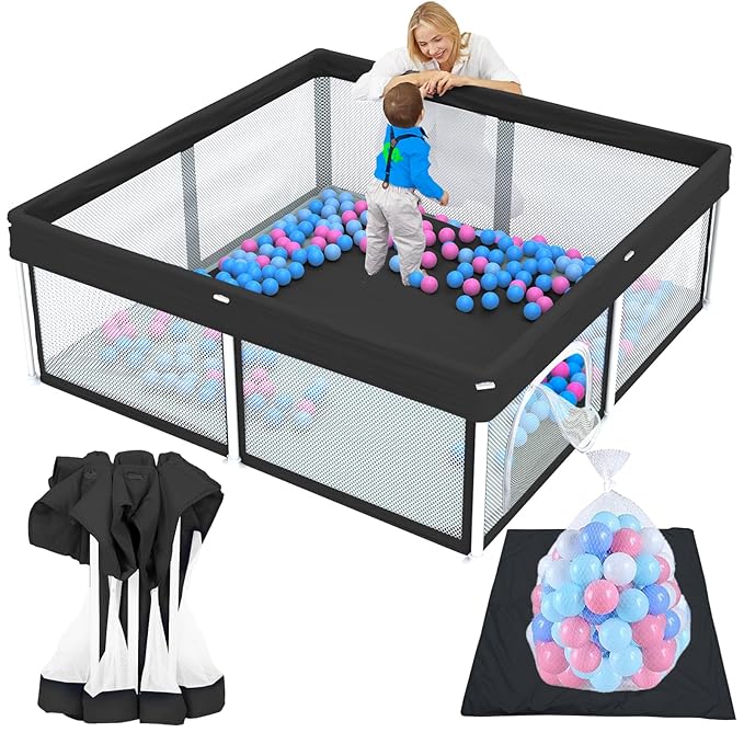 TOREVSIOR Foldable Baby Playpen with Mat, 50"×50" Collapsible Play Pen for Babies and Toddlers, Indoor & Outdoor Kids Safety Play Pen, Portable Play Yard, Foldable Baby Playpen with 50 Ocean Balls