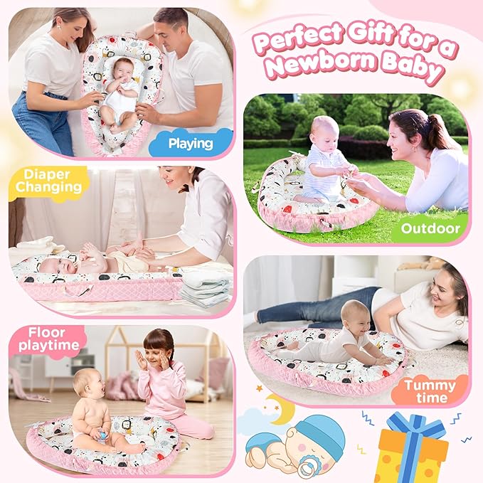 Baby Lounger - Baby Lounger for Newborn 0-24 Months, Breathable and Soft Cotton Cover Baby Nest, Portable Cozy Tummy Time Lounger for Home and Travel, Ideal Baby Essentials & Shower Gifts