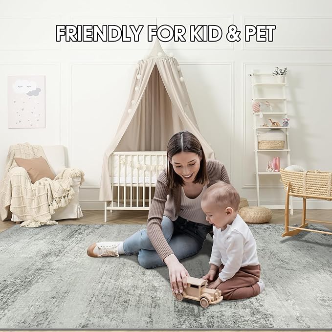 Area Rugs 8x10 Living Room Rugs: Large Modern Abstract Washable Rug with Non-Slip Backing, Thin Carpet for Dining Room Table Bedroom Nursery Indoor Home Office-Gray