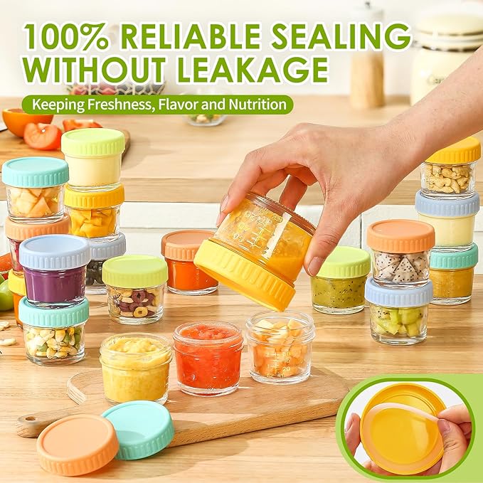DRKIO 20 Pack Glass Baby Food Storage Containers 4 Oz Baby Food Jars with Lids Baby Food Maker Microwave Dishwasher Freezer Safe 100% Leak-Proof BPA Free