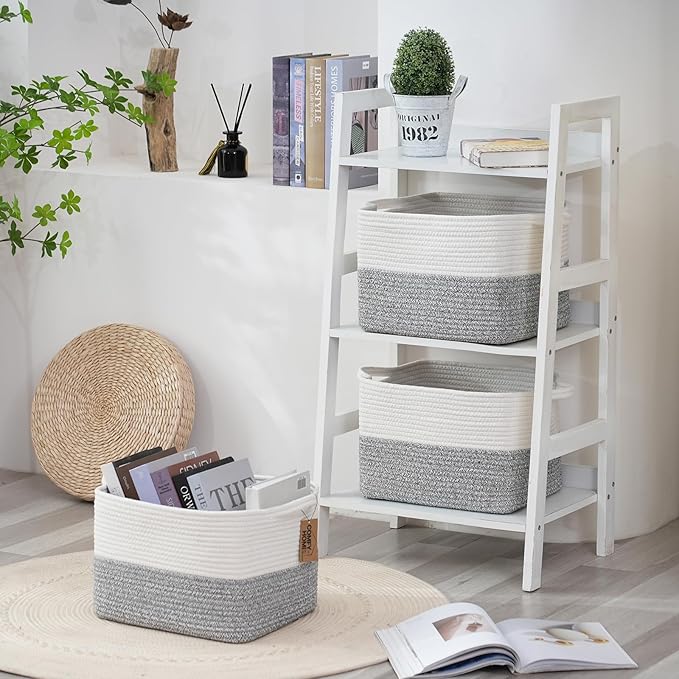 COMFY-HOMI 3-Pack Cotton Rope Woven Basket with Handles for Shelves, Book, Cloth Basket|Dog Toy Basket for Organizingy|13.5" x 11" x 9.5" for Bedroom（White/Grey）