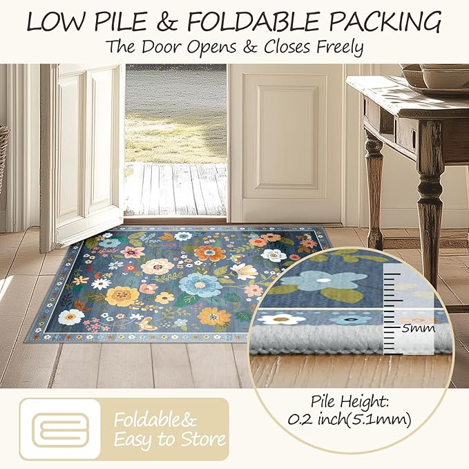 Floral 5x7 Area Rug Machine Washable Soft Print Boho Carpet Non Slip Doormat Low Pile Flower Area Rugs for Living Room Bedroom Nursery Kitchen Dining Room Indoor-Blue/Grey
