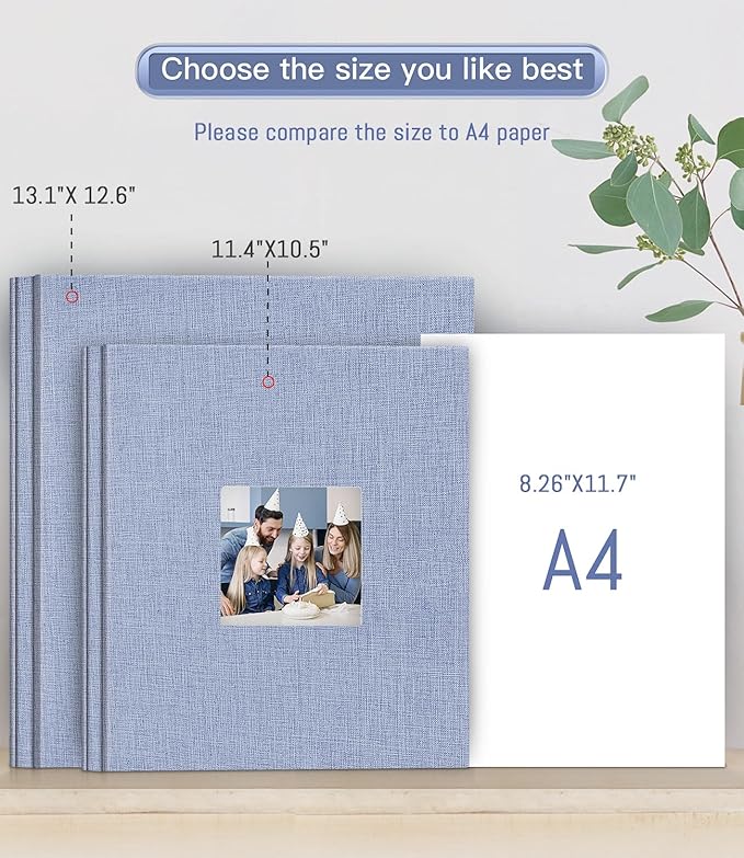 popotop Photo Album Self Adhesive with Picture Display Window,60 Pages DIY Scrapbooking Supplies Kit for 4x6 10x12 Picture,Linen Cover Memory Book for Baby Wedding, with Scraper and Metallic Pen