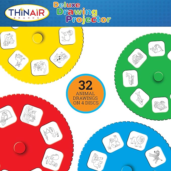 Drawing Projector for Kids 3 & Up | Preschool Tracing Projector Kit Includes 32 Animal Drawings on 4 Sturdy Discs, 8 Crayons & 1 Pad of Drawing Paper for Fun Play-Based Learning