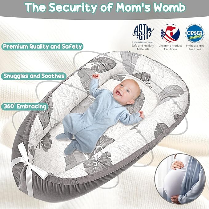 Baby Lounger - Baby Lounger for Newborn 0-24 Months, Breathable, Soft Cotton Baby Nest, Portable Infant Lounger for Home & Travel, Newborn Essentials Gift (Grey Leaf)