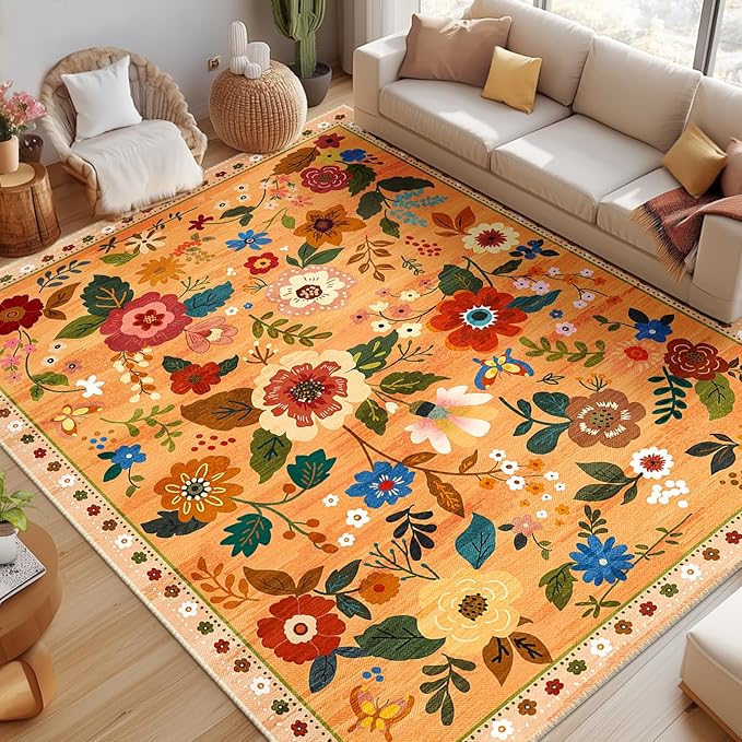 Floral 8x10 Area Rug Machine Washable Soft Print Boho Carpet Non Slip Doormat Low Pile Flower Area Rugs for Living Room Bedroom Nursery Kitchen Dining Room Indoor-Yellow/Orange