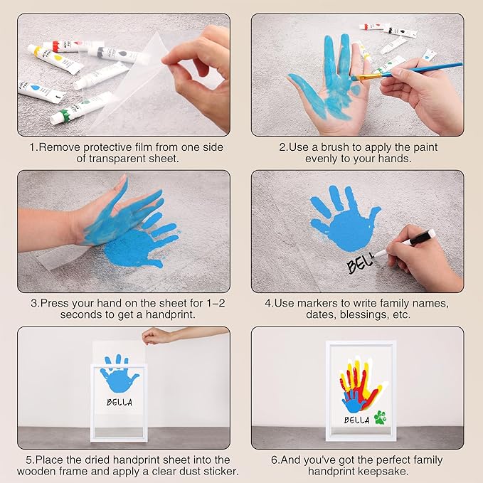 Family Handprint Kit, Hand Prints Keepsake Frame, DIY Craft Gift for New Parents & Mom & Baby, Grandparents, Mother's Day, Father's Day, Adoption Day, Anniversary, 6 Non -Toxic Paints (White)