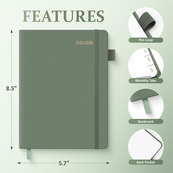 2025-2026 Planner for Women, Lather Weekly & Monthly Organizer, July 2025-June 2026, Hardcover with Gold Foil, Tabs, and Inspirational Pages - Ideal for Professionals, Green