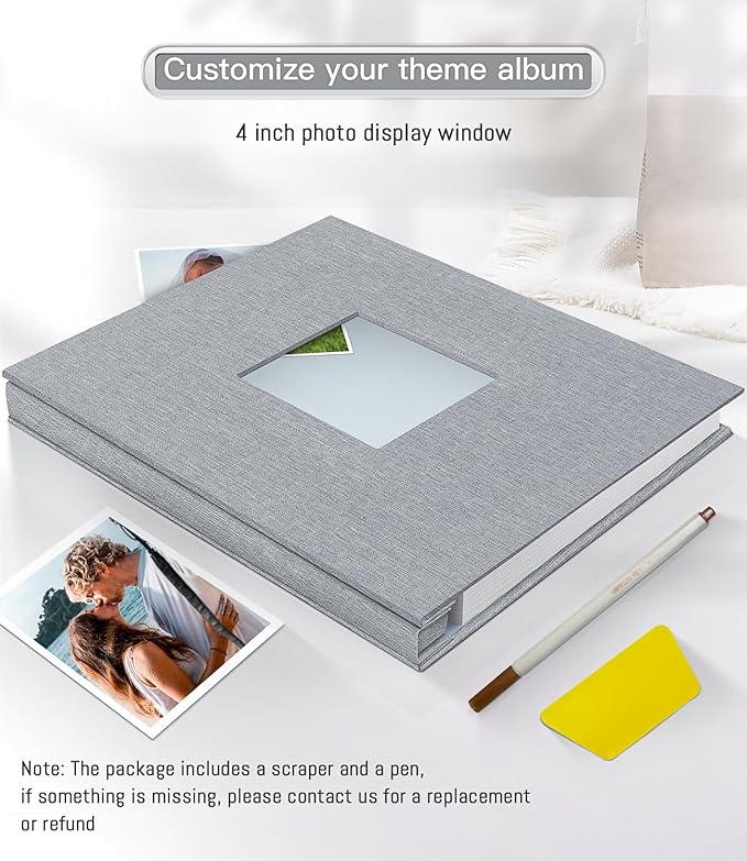 popotop Photo Album Self Adhesive with Picture Display Window,60 Pages DIY Scrapbooking Supplies Kit for 4x6 8x10 Picture,Linen Cover Memory Book for Baby Wedding, with Scraper and Metallic Pen