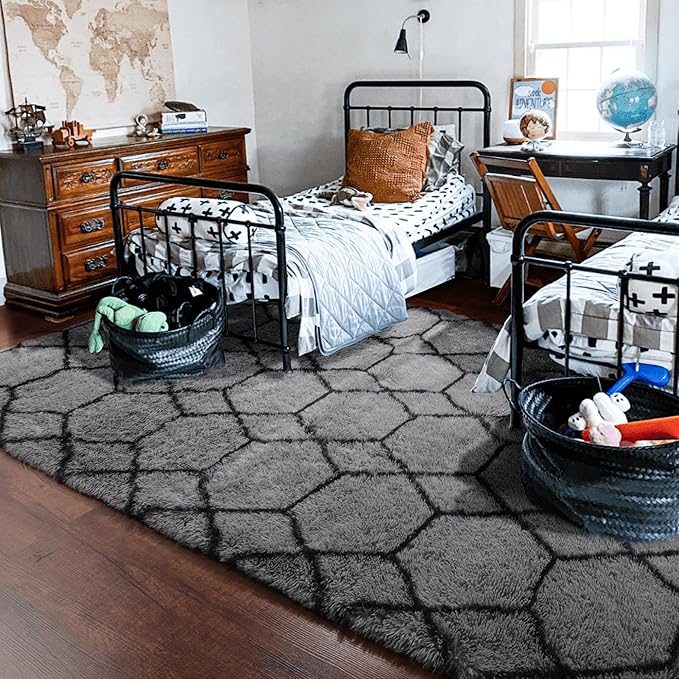 ONASAR Bedroom Living Room Area Rugs 5x8, Grey and Black Geometric Rug Floor Mat for Home Decor Aesthetic, Soft Shaggy Plush Fluffy Moroccan Carpet for Teen Nursery Playroom Dorm Classroom