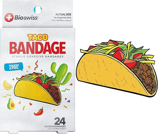 BioSwiss Bandages, Taco Shaped Self Adhesive Bandage, Latex Free Sterile Wound Care, Fun First Aid Kit Supplies for Kids, 24 Count