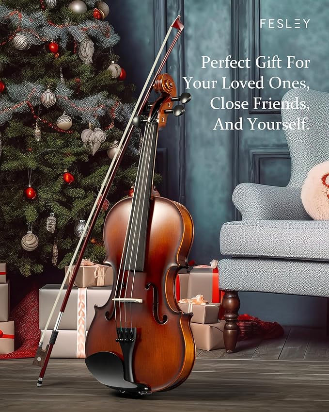 Fesley Violin Fiddle Full Set: 4/4 Matt Violin Kit for Beginners, Acoustic Violin with Hard Case, Solidwood Hand Made Starter Kit with Bow, Rosin, Shoulder Rest, Tuner, Extra Strings