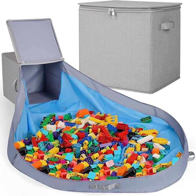 SAM AND MABEL Toy Storage Basket and Play Mat – 13" x 13" x 13" Stackable and Collapsible Cubby Box Organizers for Kids Playroom, Nursery Storage Bins for Boys and Girls (Warm Grayish Beige)