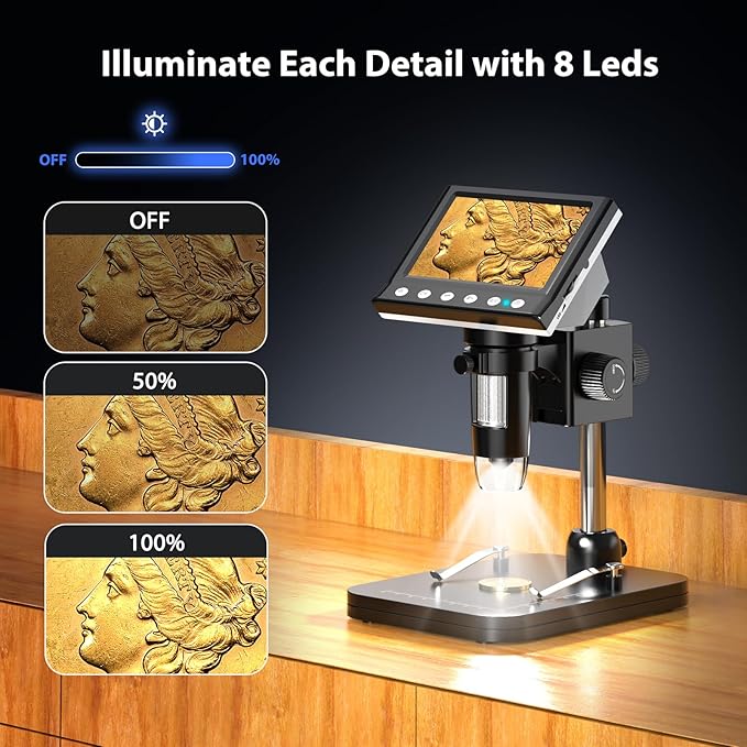 Hayve 4.3'' IPS Coin Microscope, 1000X Magnification Digital Microscope for Adults，Coin Collection Supplies with 8 Adjustable LEDs，Windows Compatible，32GB TF Card