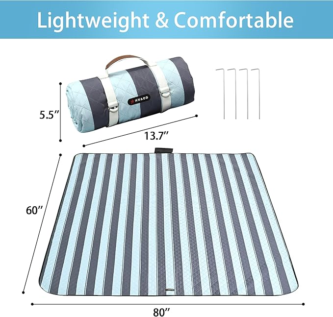 HX&OD Outdoor Picnic Blanket Extra Large, 80''*60'' Waterproof Picnic Mat with Stakes Foldable Camping Blanket Portable with Carry Strap for Beach Mat (Green& White, 80''*60'')