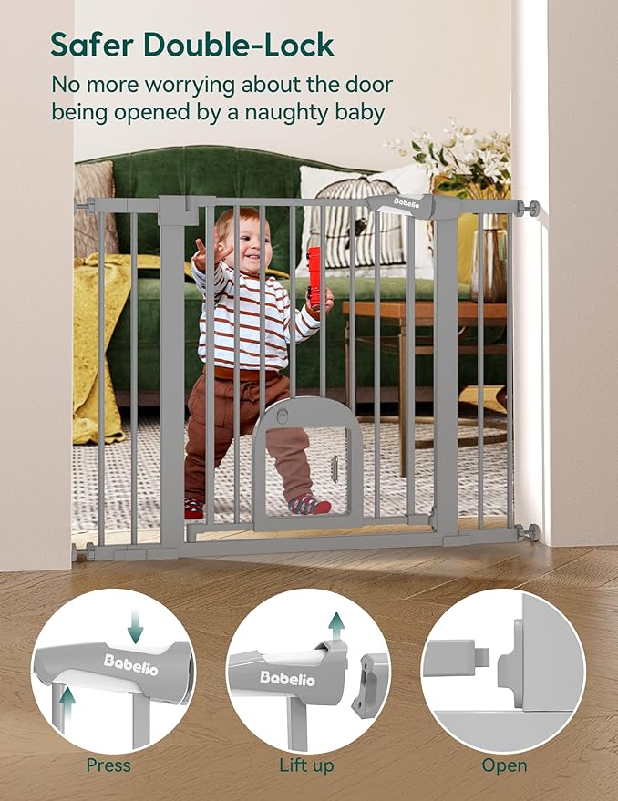 Babelio Baby Gate with Adjustable Cat Door,29-43" Auto Close Durable Pet Door for Stairs,Doorways and House, Pressure Mounted,Easy Install,Effortless Walk Thru,Gray
