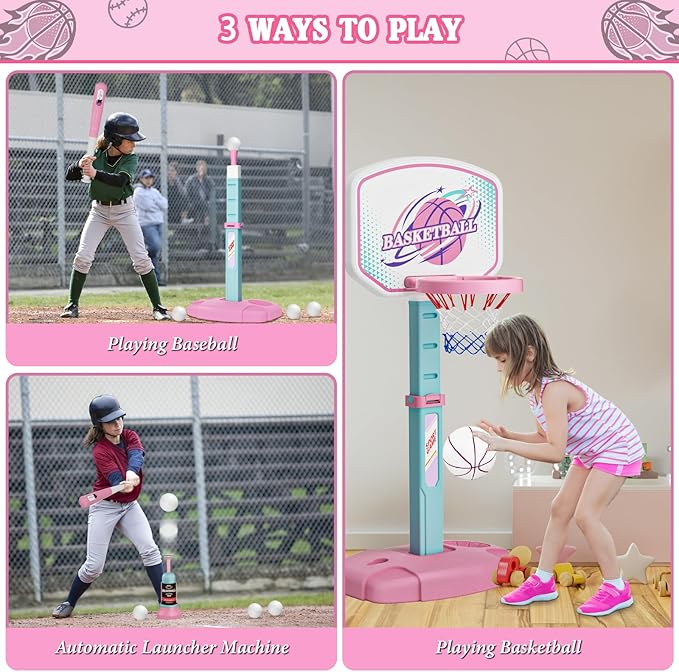3 in 1 Basketball Hoop and Tee Ball Set for Girls: Baseball Tee with Automatic Pitching Machine Adjustable Height Outdoor and Indoor Sports Toys Christmas Birthday Gift for Kids Age 1-8 Year Old Pink