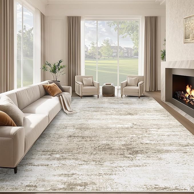 Washable Rug 8x10 Area Rugs for Living Room: Large Neutral Soft Rug Abstract Non Slip Low Pile Modern Carpet for Bedroom Kitchen Nursery Office Dining Room Indoor (Beige, 8'x10')
