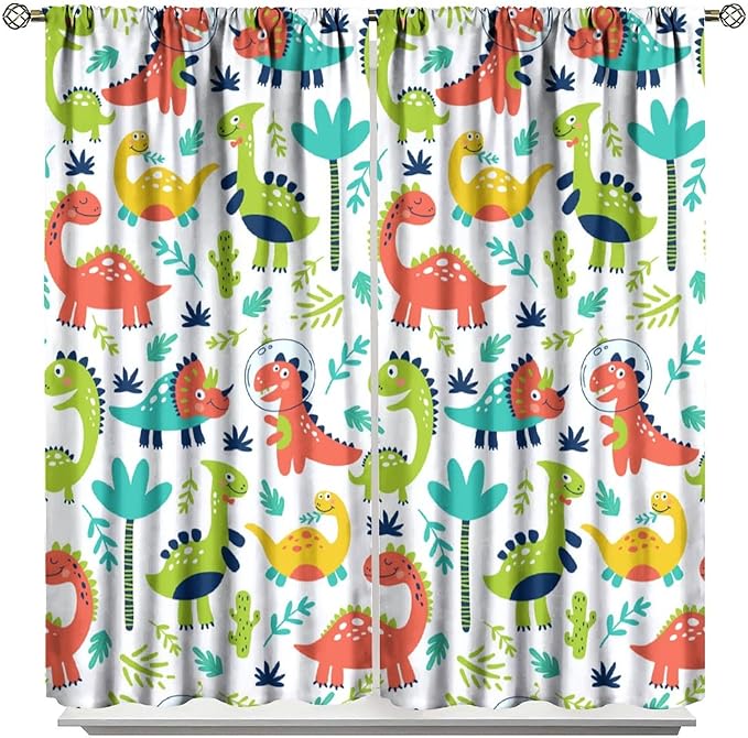 Rustic Dinosaurs Curtains Colorful Dino Kids Boys Cartoon Cute Cool Funny Decor Printed Blackout Rod Pocket Window Drapes for Living Room Bedroom W36xL63in 2 Panels