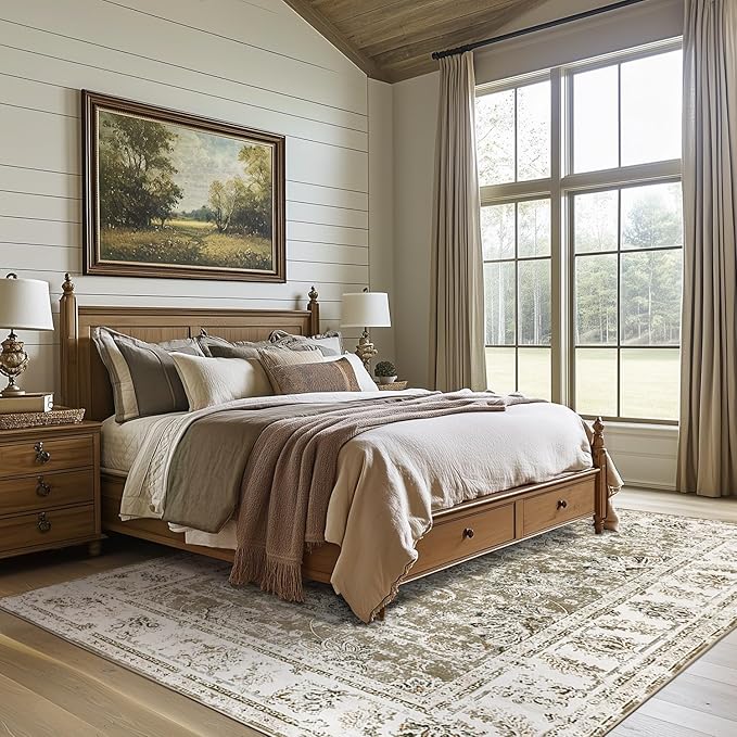 jinchan 9x12 Area Rugs for Living Room - Machine Washable Vintage Floral Distressed Design Stain Resistant Carpet Low Pile Non-Slip Large Rug for Bedroom Dining Room Home Office (9‘x12',Taupe)