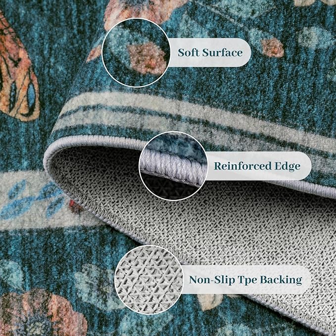 6ft Washable Round Rug - Bug Rugs for Living Room Non-Slip Low Pile Soft Ultra-Thin Machine Washable Circle Carpet for Bedroom, Entryway, Nursery, Kitchen, Home Office (6' Round Teal)