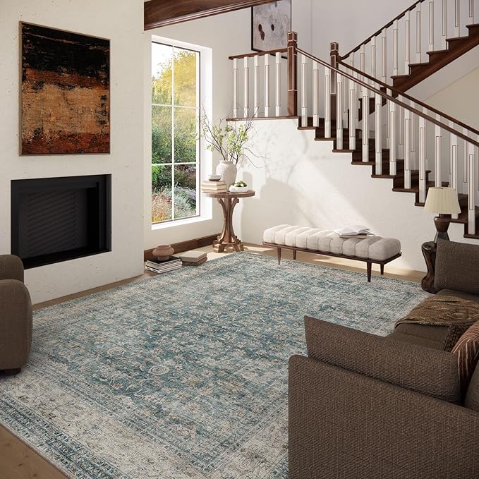 Area Rugs 9x12 Living Room: Washable Rugs for Bedroom Vintage Stain Resistant Non Slip Low Pile Large Boho Carpet for Kitchen Dining Room Farmhouse Kids Room Nursery