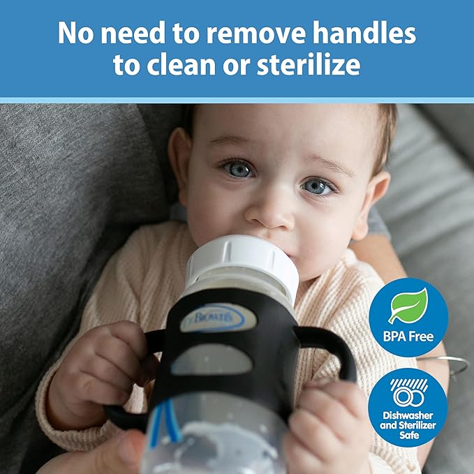 Dr. Brown's Wide-Neck Baby Bottle Handles, 100% Silicone, Easy Grip Removable Handles for Bottle to Sippy Cup Transition, Black/Ecru/Pink, 3-Pack, 4m+