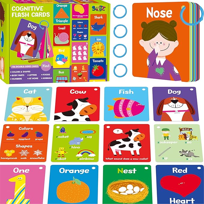 110 PCS Early Learning Flashcards, Double Sided Cards- Alphabet, Numbers, Foods, Animals, Shapes, Colors, Home Object with 4 Reclosable Rings, Learning Tool for Pre-K Kindergarten Toddlers