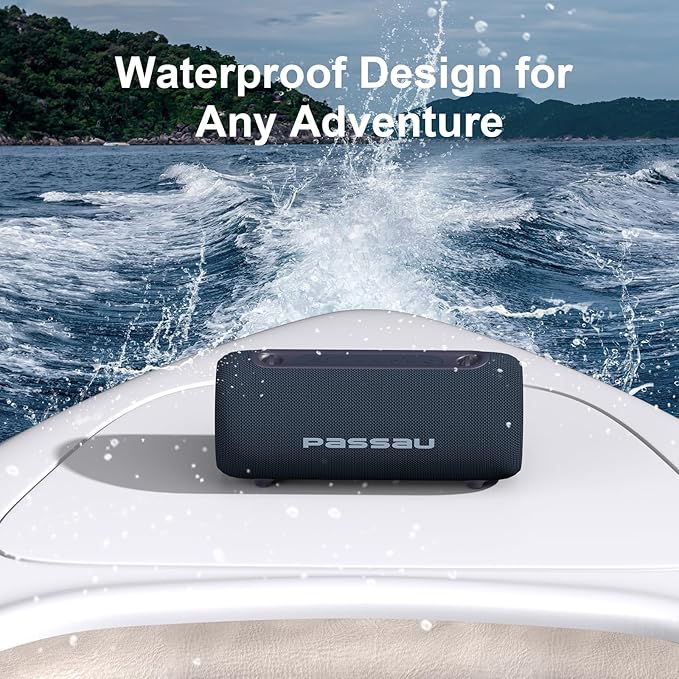 Passau Portable Bluetooth Speakers 40W Peak Loud Stereo Sound, Passive Radiators-Deep Bass, All Day Playtime, Adjustable Strap, BT5.3, IPX5 Wireless Speaker RGB Lights for Indoor Outdoor-Blue