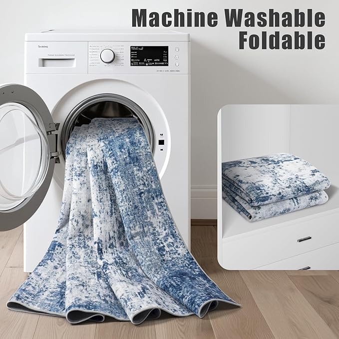 9x12 Area Rug Living Room Rug: Washable Modern Abstract Soft Thin Rug Indoor Floor No Slip Stain Resistant Carpet for Bedroom Dining Room Farmhouse Nursery Home Office - Blue