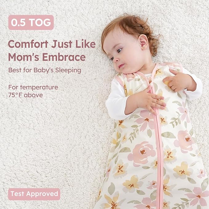 Baby Sleep Sack 0-6 Months 3 Pack 100% Cotton Lightweight 0.5 TOG Wearable Blanket Baby Sleep Bag with 2-Way Zipper for Newborn Infant Pink Flowers & Leaf