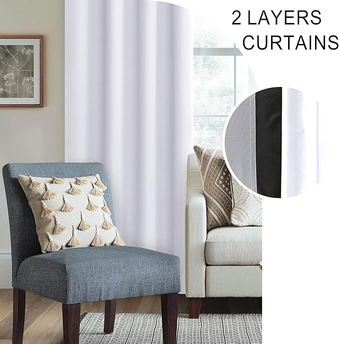 XWZO 100% Blackout Curtains 63 Inches Length with Tiebacks- Full Shade Window Drapes Thermal Insulated Double Layer with Black Liner for Bedroom/Living Room, Rod Pocket, White, W52 x L63, Set of 2