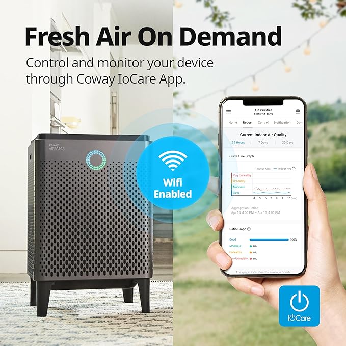 Coway Airmega 400S(G) App-Enabled Smart Technology Compatible with Amazon Alexa True HEPA Air Purifier, Covers 1,560 sq. ft, Graphite