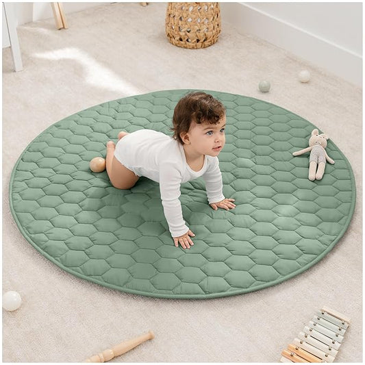 Comfy Cubs Round Kids Play Mat - Medium 48 inches Soft Quilted Baby Floor Mat with Non-Slip Bottom - Plush Design for Toddlers' Playtime and Relaxation - Comfortable and Durable - Fern